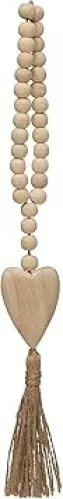 Creative Co-Op Paulownia Wood Beads with Heart Pendant & Jute Tassel
