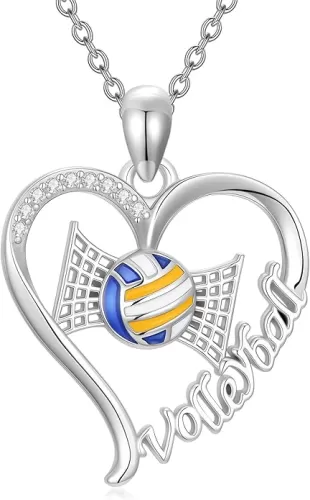 Cross Baseball/Volleyball/Basketball/Pickleball/Football Necklace 925 Sterling Silver Heart Pendant Sports Jewelry Gifts for Players Women Men