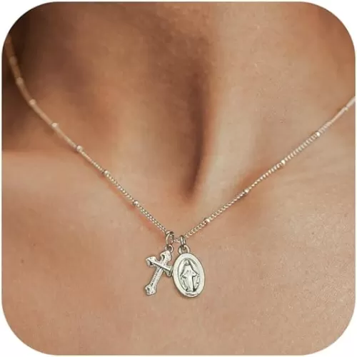Cross Necklace for Women Trendy 14K Dainty Gold Silver Plated Cross Pendant Necklaces Simple Cute Faith Charm Choker Religious Drop Dangle Chain Necklace Non Tarnish Costume Jewelry Gift