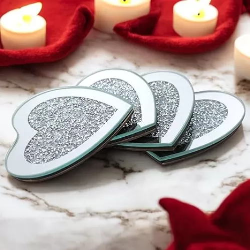 Crushed Diamond Crystal Glass Mirrored Heart Love Coasters Set of 4 Glittering Bling Silver TRENDZY ® Drink Wine Coasters for Home Kitchen Bar & Restaurant Home Decor Birthday Wedding (Heart)