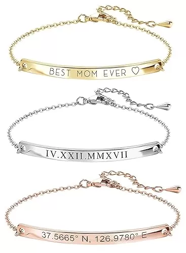 Custom Name Bracelet Coordinate Engraved Bracelet for Women Gifts for Mom Gold Bar Jewelry for Teen Girls Mother in Law Graduation Gift -12BR