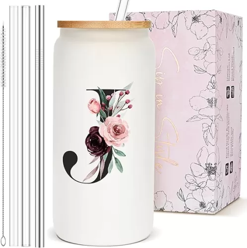 Cute Personalized Customized Gifts for Women, Monogram Glass Cups with Lids and Straws, Initial Drinking Iced Coffee Cup, Custom Letter Mug Tumbler, Birthday Gifts for Best Friends Female Bestie, J