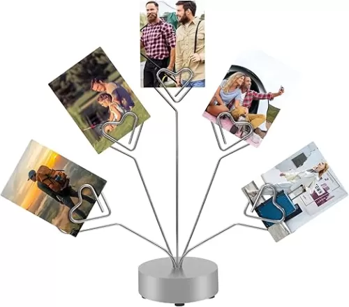 Desktop Heart-Shaped Photo Tree Style Holders Round Base, 5-Branch Family Picture Frame Clips Holder Desk Card Display Stand for Christmas, Wedding, Birthday Party, Gift Silver
