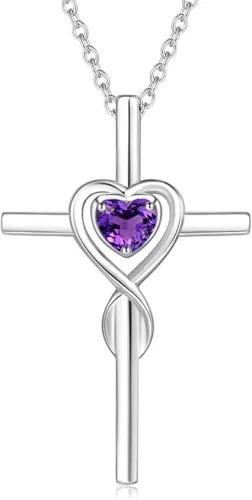 FANCIME Birthstone Cross Necklace for Women Birthstone Necklace Heart Infinity Cross Pendant Necklace Fine Jewelry Christmas Birthday Holiday Gifts for Her, 16"+2" Inches