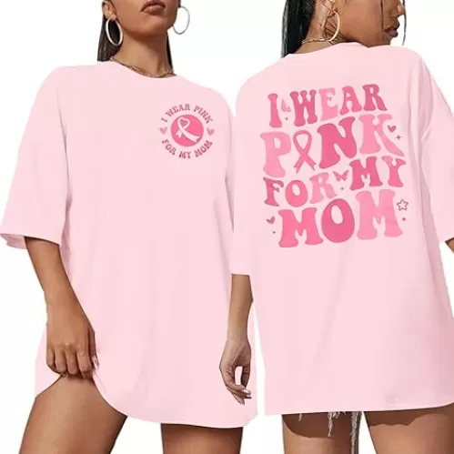 FASHGL I Wear Pink for My Mom T-Shirt Women Breast Cancer Awareness Shirts Pink Ribbon Letter Tee Cancer Fighter Tops