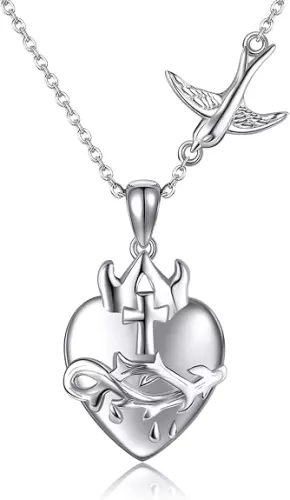 Flaming Sacred Heart of Jesus Necklace S925 Sterling Silver Catholic Faith Charm Pendant Love of God Thorn Jewelry Easter Gifts