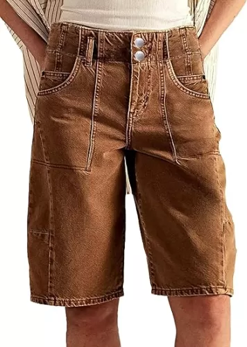 Flamingals Bermuda Shorts for Women Denim Mid Rise Double Button Long Shorts Casual Vintage with Patch Pocket