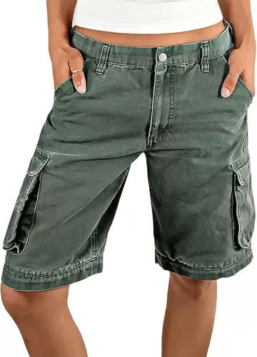 Flamingals Bermuda Shorts for Women Knee Length Mid Rise Straight Leg Baggy Denim Shorts Summer Casual with Flap Pocket