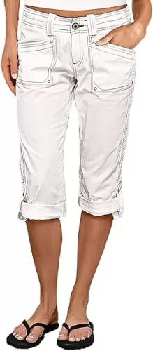 Flamingals Bermuda Shorts for Women Mid Rise Roll Hem Cargo Capris Summer Casual with Flap Pocket