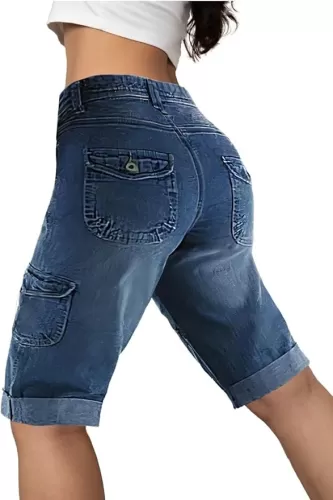 Flamingals Women's Bermuda Denim Straight Leg Shorts with Flap Pockets Mid Waist Casual Shorts Roll Hem