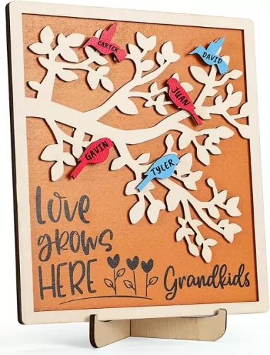 Gifts for Grandparents, Personalized Gifts for Grandma & Grandpa from Granddaughter, Grandson, GrandKids, DIY Customized Wooden Family Tree Décor Present for Christmas & Birthday, Love Grows Here