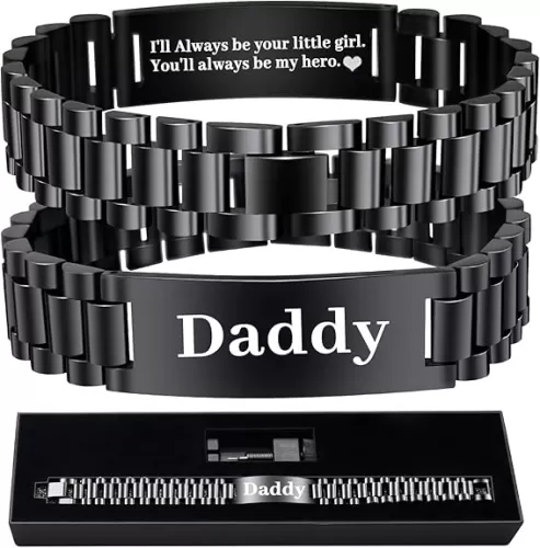 Gifts for Men Dad Personalized Engraved Stainless Steel Link Bracelet - Masculine Watch Band Style - Gift for Fathers Day Birthday Anniversary Father Husband Grandpa Son Boyfriend