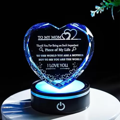 Gifts for Mom Meaningful Mother's Day Crystal Unique to My Mom Heart Crystal Keepsake with LED Base to Moms Mother's Day Birthday Gifts