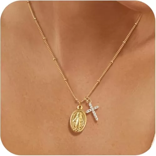 Gold Cross Necklace for Women - 14k Gold Plated Virgin Mary Pendant Necklaces, Hypoallergenic Non Tarnish Golden Cubic Zirconia Catholic Virgen de Guadalupe Jewelry, Religious Faith Baptism Gift for Her