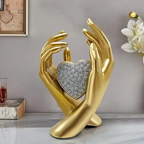 Gold Heart Hands Sculpture Modern Aesthetic Decoration Accents Figurines Home Decor, Gold Love Heart Statue Decor for Living Room Bedroom Shelf Office Table Women Girl, Wedding Anniversary Couple Gift