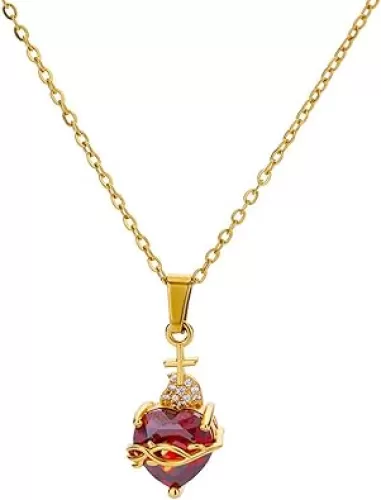 Gold Sacred Heart of Jesus Pink Heart of Mary Necklace for Women with Cubic Zirconia Gemstone Religious Jewelry Mother
