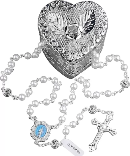 HanlinCC 6mm Glass Pearl Beads Catholic Rosary Necklace with Metal Heart Rose Gift Box