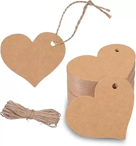 Heart Gift Tags with String, 100Pcs Kraft Paper Heart Shaped Gift Tags 2.5X2.1 in Blank Wedding Favor Hang Tag Party Favors Hangtag Gifts Wrapping Tag for Birthday, Valentine's, Mother's Day, Wedding