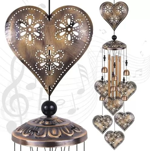 Heart Shape Wind Chimes for Garden, Gifts for Mom, Home, Balconies, Rooms, Patio, Indoor, Outdoor Heart Decoration, Hearts Shape Wind Catcher, Bronze Memorial Wind Bells, Hearts Wind Chimes Decor