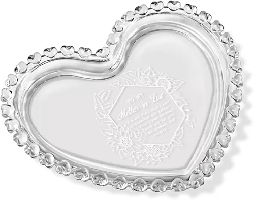Heart-Shaped Glass Laser Engraved Jewelry Tray for Mother-in-Law Gift for Birthday, Mother Day, Thanksgiving, Christmas, and Any Special Occasion