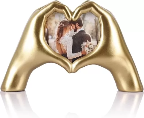 Heart shaped hand sculpture photo frame with gold heart decoration, gold finger heart wedding gift for shelf on desktop coffee table TV cabinet divider nightstand living room dining table centerpiece photo frame. (Gold, 4.1*3.9)