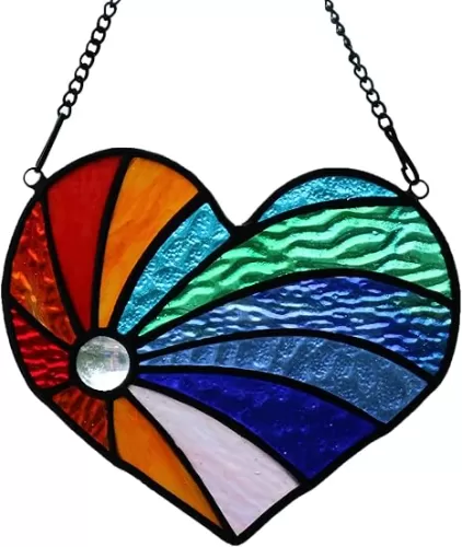 Heart Suncatchers Stained Glass Window Hanging, Glass Heart Suncatcher for Window Indoor Home Bedroom Decor, Memorial Gifts for Christmas Anniversary Birthday Mother's Day