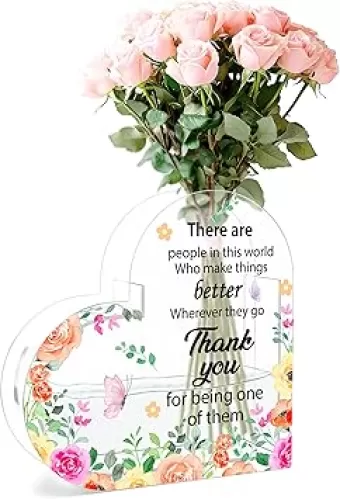 Heart Vase, Acrylic Heart Shaped Vase for Flowers, Thank You Gifts for Women Boss Coworkers Leader Teacher, Inspirational Clear Acrylic Book Shaped Decorative Vase - C03