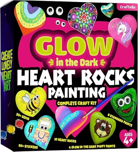 Hearts Rock Painting Kit for Kids - Glow in The Dark - Arts and Crafts for Girls Ages 4-12 – Easter Gifts for Girls Art Toys Kids Craft Kits – Birthday Gifts for 5 6 7 8 9 10 11 12 Year Old Girl