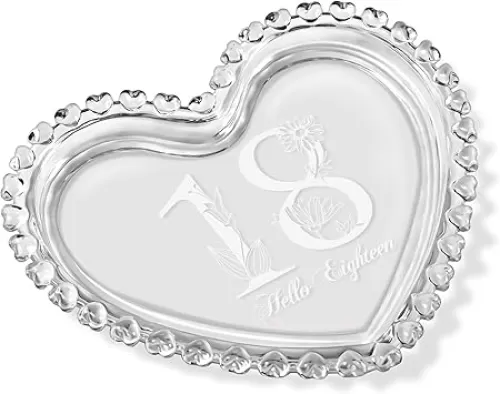 Hello Eighteen 18th Birthday Glass Jewelry Tray Gifts Laser Engraved Heart Shape Dish Personalized 18th Birthday Gifts for Daughter Sister Granddaughter Niece Friend
