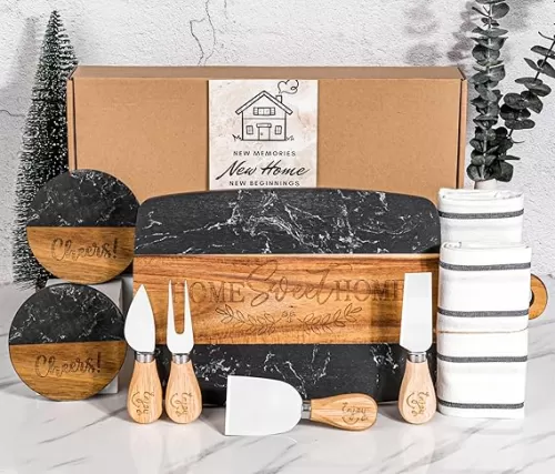 House Warming Gifts New Home, 11 Pcs Housewarming Gifts Basket for New House, Unique Housewarming Gift Baskets for Couples, Clients, Women (Black Marble)