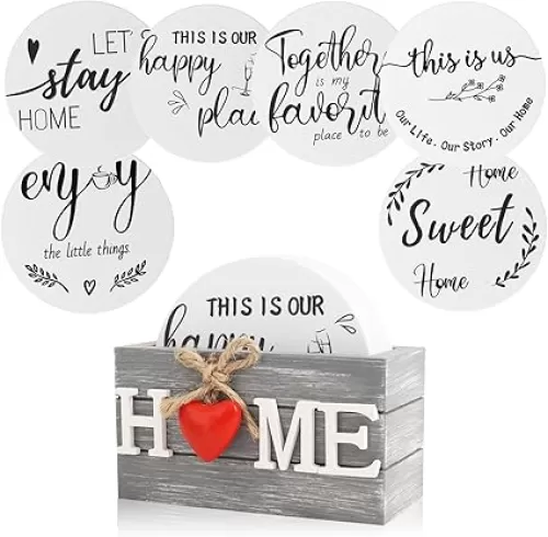 Housewarming Gifts for Home Decoration Wooden Heart Coasters for Drinks 6 Set 4 Inch Funny Farmhouse Coasters with Holder for Coffee Table Protection Housewarming Gifts (White)