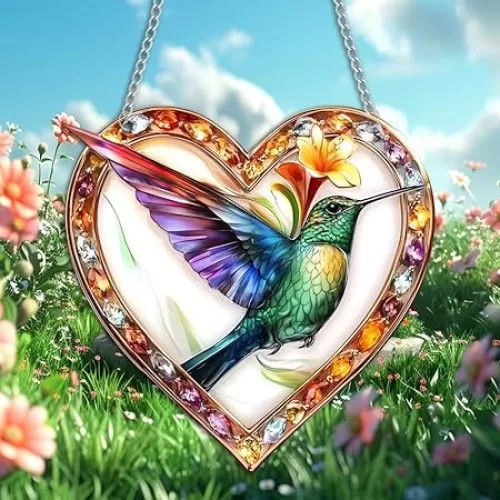 Hummingbird Flying Stained Window Hanging Ornament, Heart Shaped Acrylic Double-Sided Printed Panel with Chain, Great Gift for Mom Grandma for Birthday Anniversary Mother