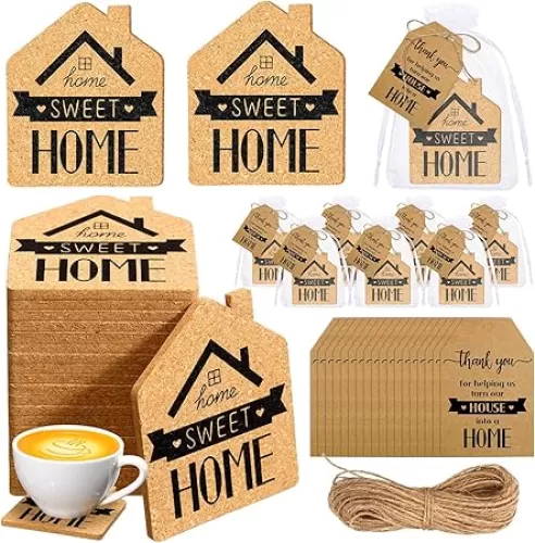 Hushee 50 Sets Housewarming Party Favors Sweet Home Coaster House Shaped Coaster with Thank You Gift Cards House Warming Return Gifts with Organza Bags Twine New Home Gift for Guests Party Decorations