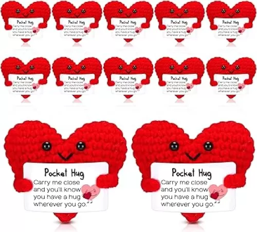 HyDren 12 Pcs Positive Red Heart Crochet with Pocket Hug Cards Cute Heart Knitted Dolls Bulk Appreciation Thank You Gift for Women Sister Teacher Nurse Coworker Staff Birthday Party Favor