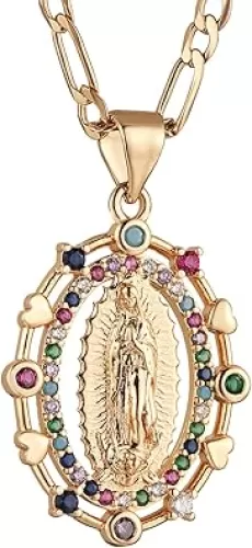 HZMAN 14K Gold Plated Virgin Mary Prayer Necklace Our Lady of Guadalupe Amulet Pendant for Women Jewelry Gift
