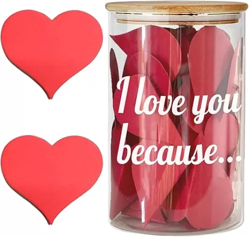 I Love You Because Jar, Love Notes Jar with 50 Red Heart Shape Note, Gifts for Girlfriend Boyfriend Birthday, Love Message In The Bottle for Mom Dad, Newlywed Gifts for the Couple