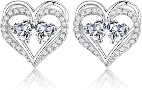 Iefil Birthstone Earrings for Women - 925 Sterling Silver Heart Earrings Anniversary Birthday Gifts for Women Wife Girlfriend Mom