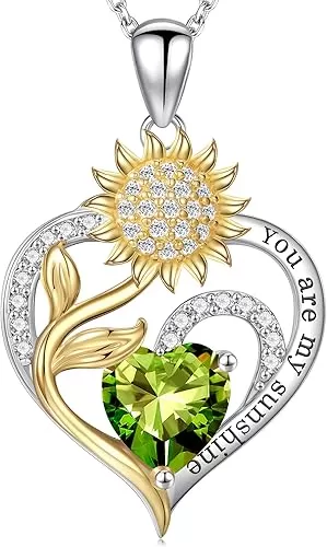 Iefil Sunflower Gifts for Women - Sunflower Necklace Heart Pendant Birthstone Necklace for Women Anniversary Birthday Gifts for Wife You Are My Sunshine 925 Sterling Silver Jewelry for Wife Mom