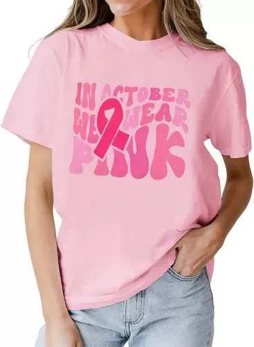 in October We Wear Pink Shirt Women Breast Cancer Tshirt Support Squad Pink Ribbon Awareness Short Sleeve Tee Tops