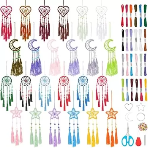 INFUNLY 24PCS DIY Small Dream Catcher Kits for Beginners Colorful Handmade Dreamcatcher Kit for Starters DIY Mini Star/Moon/Heart/Round Shape Ornament Making Kit for Bedroom Car Mirror Keychain Bag