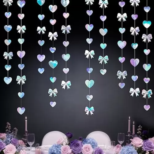 Iridescent Bow Decorations Holographic Paper Heart Bow Hanging Garland Streamer for Coquette Bachelorette Birthday Valentines Wedding Bridal Shower Engagement Anniversary Party Decorations Supplies