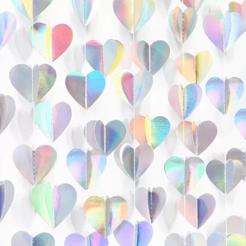 Iridescent Disco-Holographic Party-Decorations Heart-Garland - 39Ft Neon Wedding Hanging Paper Streamers Banner, Birthday Bachelorette Baby Bridal Shower Engagement Decor Ouruola