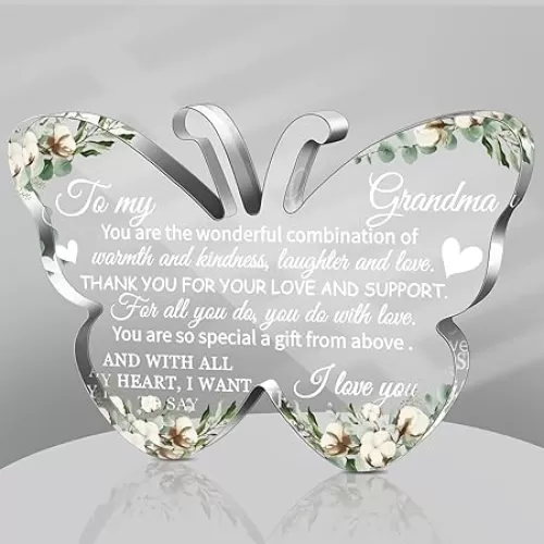 Jetec Grandma Gift Acrylic Heart Shape Butterfly Shape Sign from Granddaughter Grandson Thoughtful Grandmother Birthday Gift(to My Grandma)