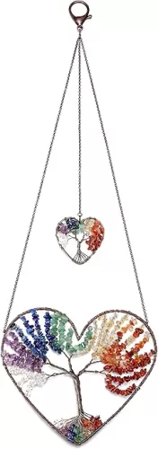 JOVIVI Double Heart Tree of Life Hanging Ornament 7 Chakra Reiki Healing Crystals Stones Gemstone Meditation Window Wall Hanger for Feng Shui Yoga Home Indoor Decor