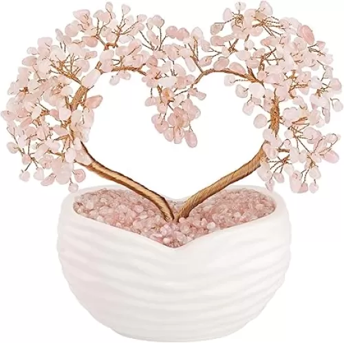 Jovivi Rose Quartz Crystal Heart Money Tree Healing Gemstone Bonsai Tree for Wedding Ceremony Reiki Balancing Energy Meditation Feng Shui Wealth & Good Luck Home Indoor Office Decor 7.87"-8.26"