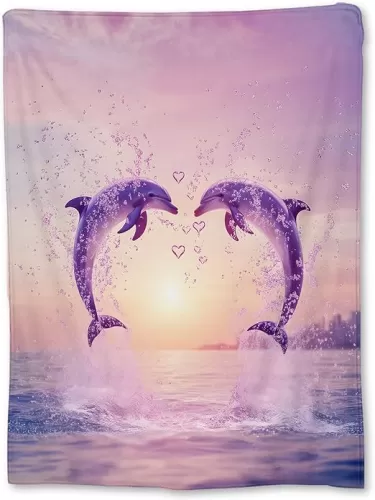 Jumping Dolphin Blanket, Soft Warm Heart-Shaped Design Flannel Throw Blanket for Couch, Bed, Travel & Home Decor, Lightweight Cozy Fuzzy Blankets for Adults Kids Women Men 60×50 in