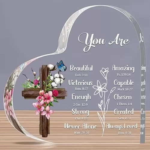 JUNQIU Christian Gifts for Women, Inspirational Gifts for Women Religious, Bible Verse and Encouragement Spiritual Gifts, Gifts for Women, Mom, Friend, Sister-Acrylic Hearts Plaques