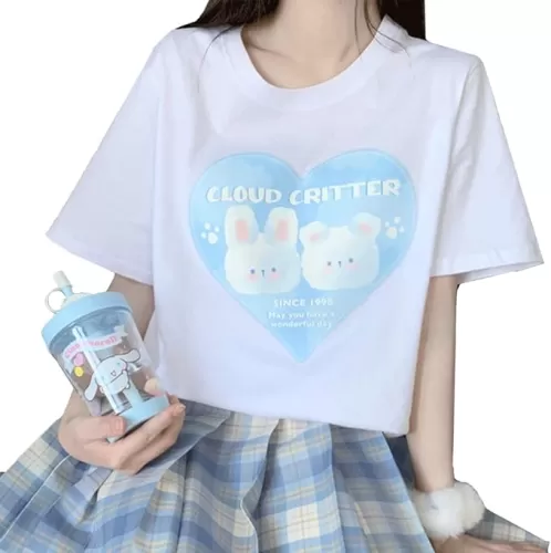 Kawaii Clothes Pastel Goth Fashion Crewneck Soft Cute Cartoon Heart Print Cloud Critter T-Shirt