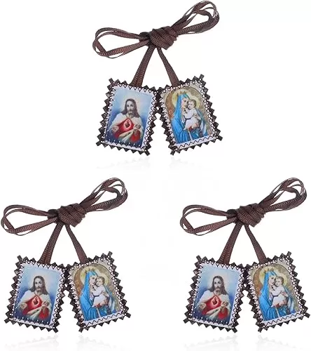 KOMI Scapular Catholic, 3 Pack Bulk Scapulars Sacred Heart of Jesus with Our Lady Mt Carmel, Catolicos Brown Scapulars Catholic Necklace