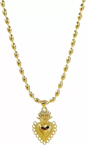 LESLIE BOULES 18K Gold-Plated Oval Bead Necklace with Divine Heart of Jesus Pendant - 18 Inches, Elegant Religious Gift